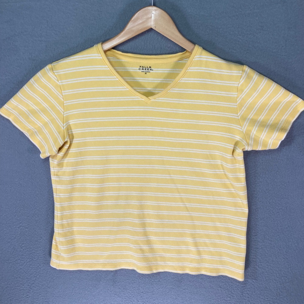 Croft & Barrow Womens Medium Yellow‎ Striped V Neck T Shirt Casual
